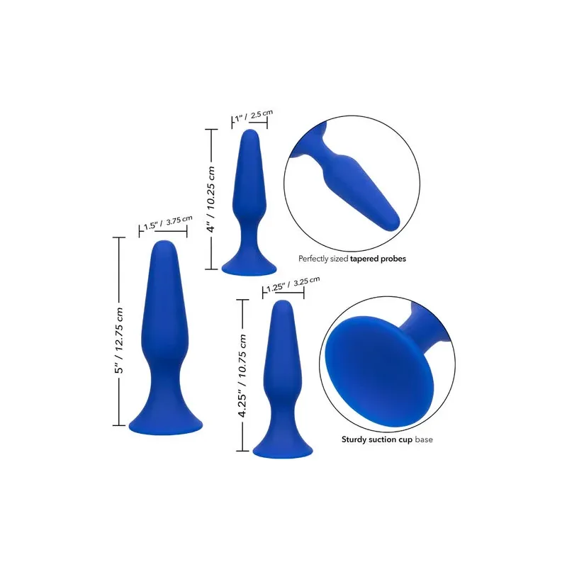 Kit 3 plugs anals Admiral CalExotics en silicone bleu, tailles graduées avec base ventouse pour entraînement anal progressif.