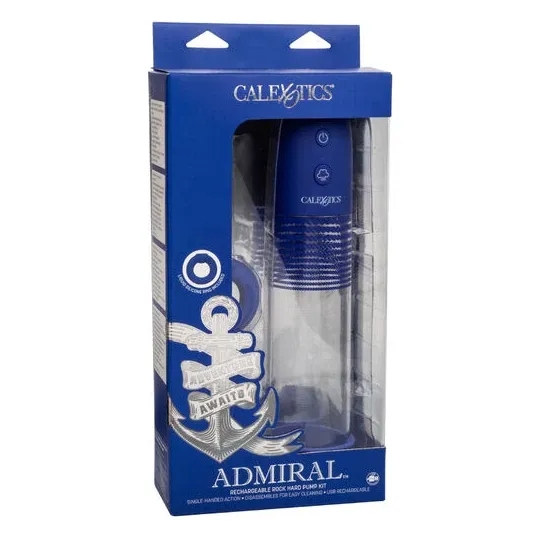 Kit pompe de montage rechargeable Admiral CalExotics, cylindre transparent, anneau silicone liquide pour érection.