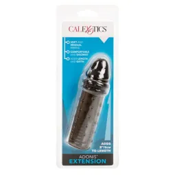 Rallonge pénienne Adonis Calexotics silicone noir transparent, 5 cm, texture stimulante, double fonction anneau.