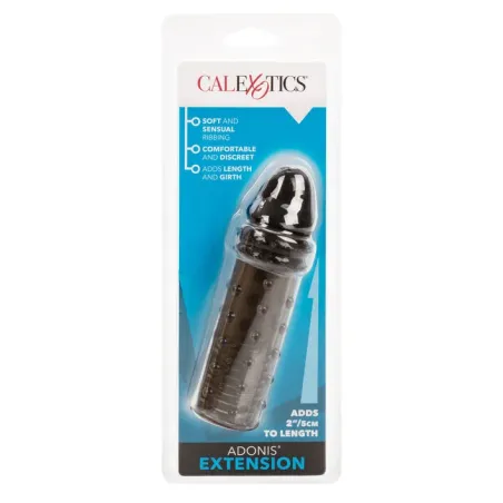 Rallonge pénienne Adonis Calexotics silicone noir transparent, 5 cm, texture stimulante, double fonction anneau.