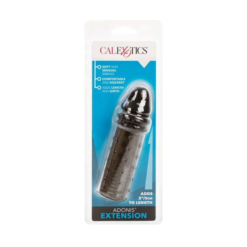 Rallonge pénienne Adonis Calexotics silicone noir transparent, 5 cm, texture stimulante, double fonction anneau.