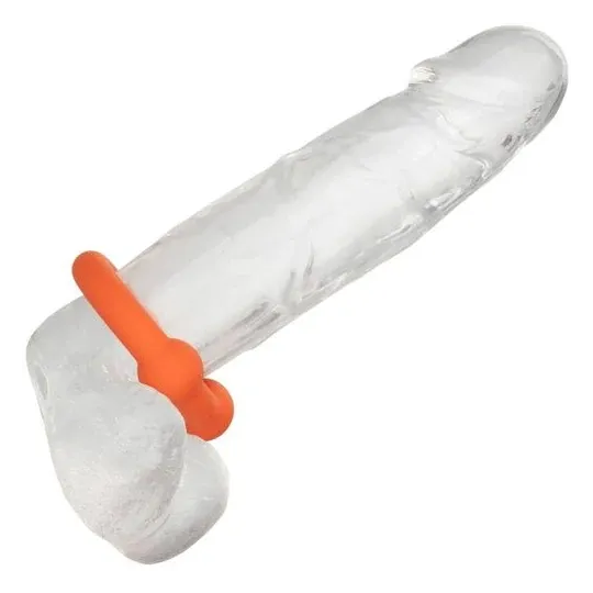 Penishülle mit zwei Kugeln aus orange Silikon von CalExotics, mit Perlenstruktur zur Stimulation.
