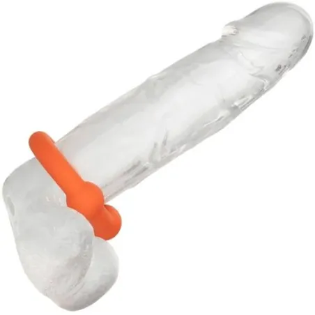 Anillo peneano de doble bola en silicona naranja CalExotics, con textura perlada para estimulación.
