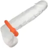 Double ball cock ring made of orange silicone by CalExotics, with textured pearls for enhanced stimulation.