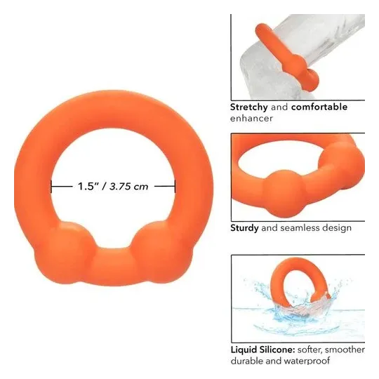 Double ball cock ring made of orange silicone by CalExotics, with textured pearls for enhanced stimulation.
