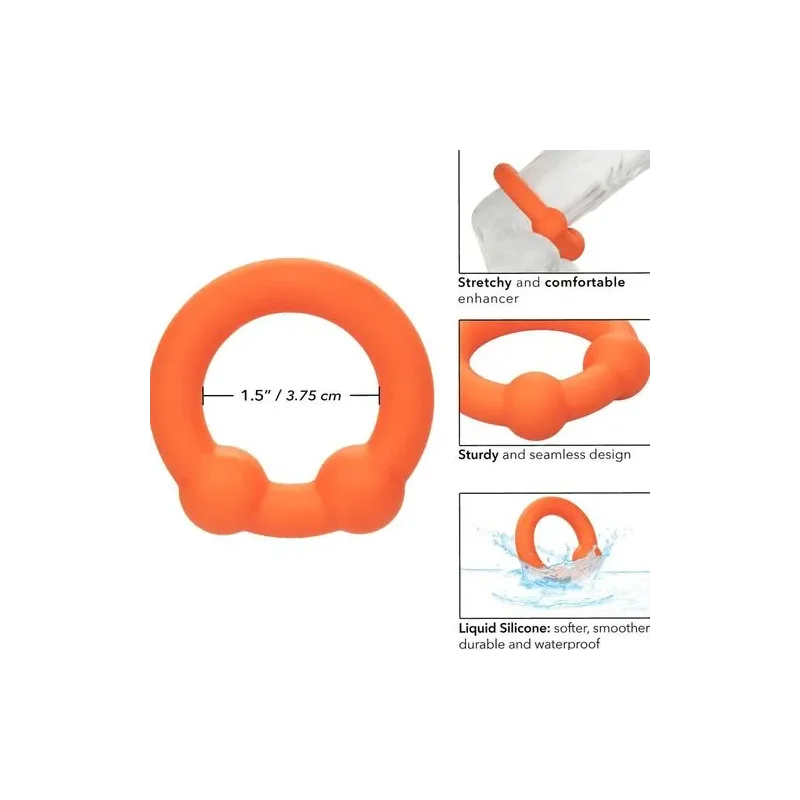 Double ball cock ring made of orange silicone by CalExotics, with textured pearls for enhanced stimulation.
