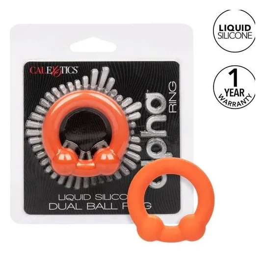 Double ball cock ring made of orange silicone by CalExotics, with textured pearls for enhanced stimulation.