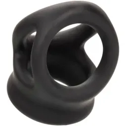 Bague de pénis double cage en silicone liquide noir de CalExotics, anneau érecteur et cage pour stimulation.