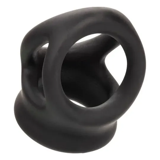 Bague de pénis double cage en silicone liquide noir de CalExotics, anneau érecteur et cage pour stimulation.