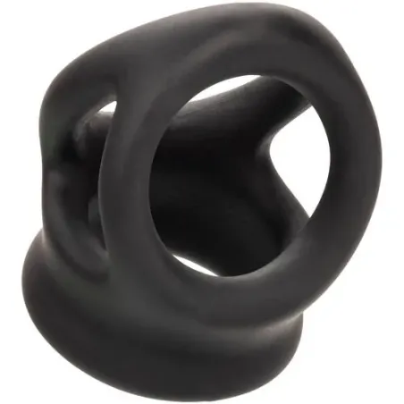 Bague de pénis double cage en silicone liquide noir de CalExotics, anneau érecteur et cage pour stimulation.