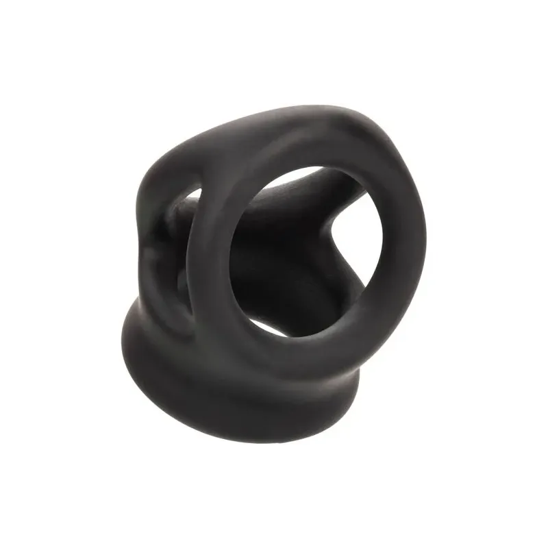 Bague de pénis double cage en silicone liquide noir de CalExotics, anneau érecteur et cage pour stimulation.