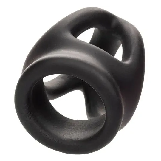 Bague de pénis double cage en silicone liquide noir de CalExotics, anneau érecteur et cage pour stimulation.