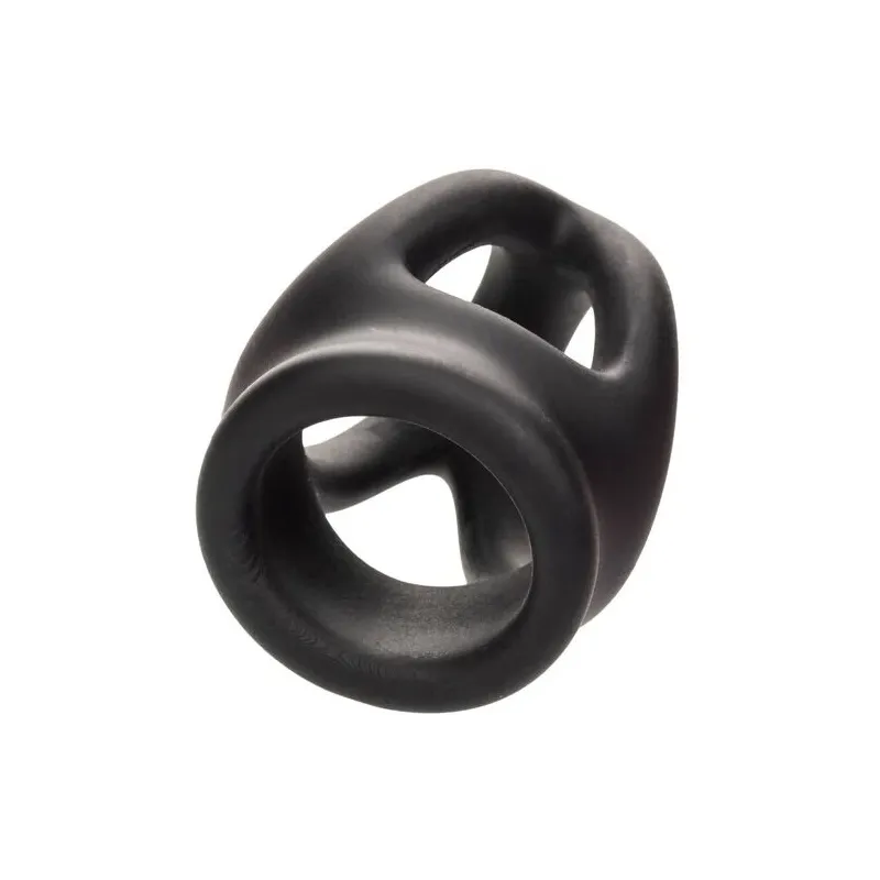 Bague de pénis double cage en silicone liquide noir de CalExotics, anneau érecteur et cage pour stimulation.