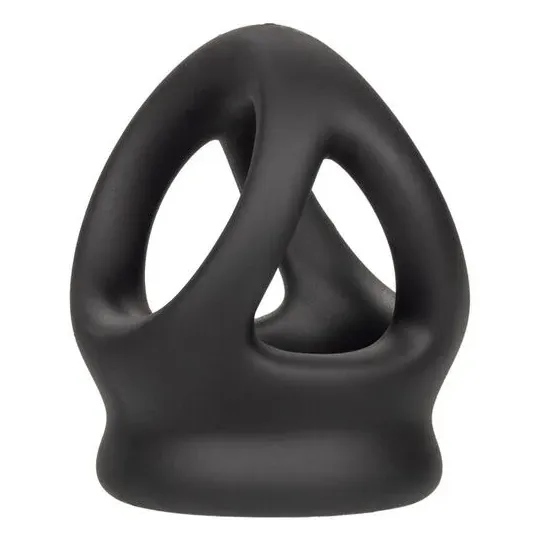 Bague de pénis double cage en silicone liquide noir de CalExotics, anneau érecteur et cage pour stimulation.