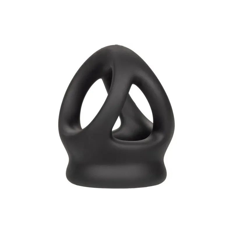 Bague de pénis double cage en silicone liquide noir de CalExotics, anneau érecteur et cage pour stimulation.