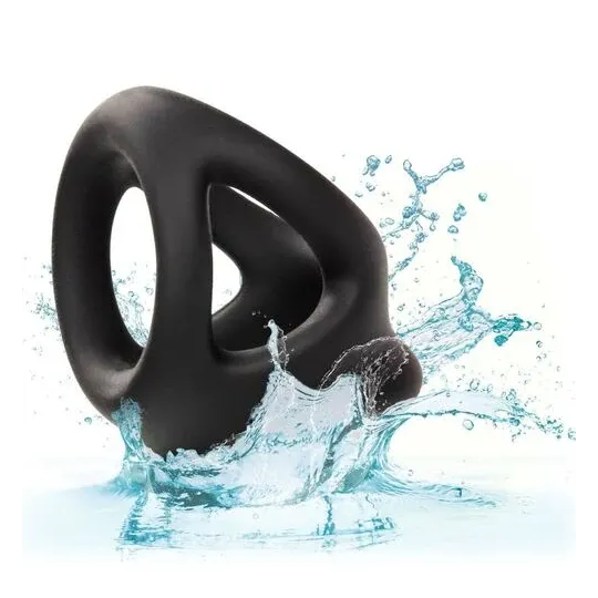 Bague de pénis double cage en silicone liquide noir de CalExotics, anneau érecteur et cage pour stimulation.
