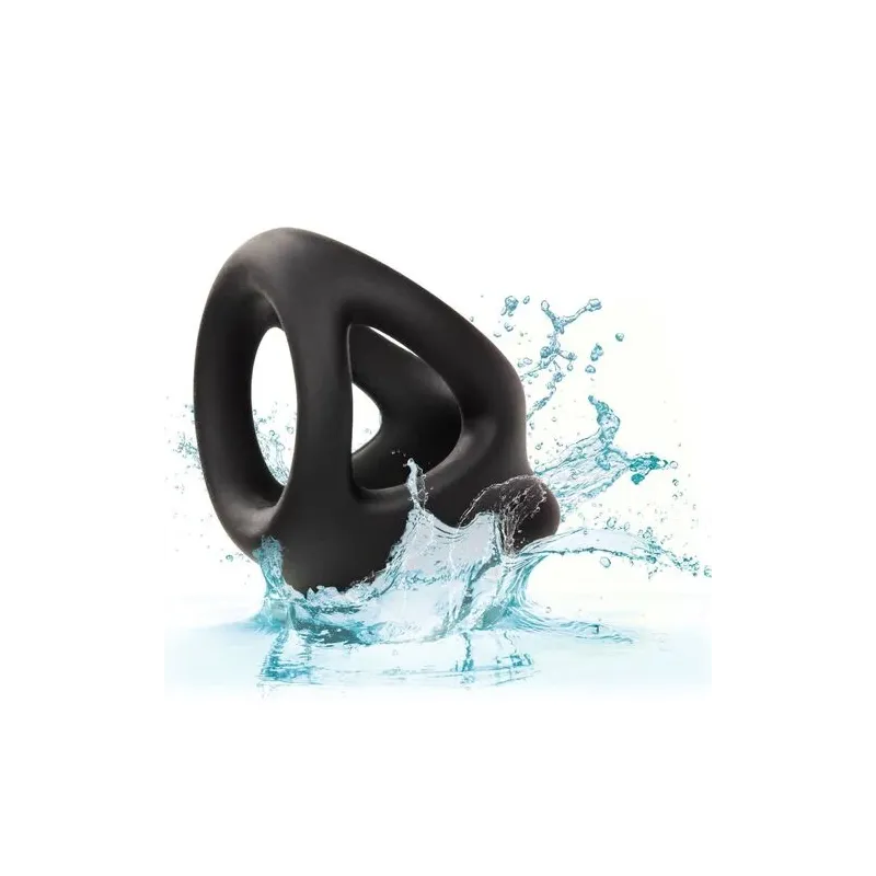 Bague de pénis double cage en silicone liquide noir de CalExotics, anneau érecteur et cage pour stimulation.
