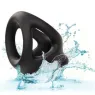 Bague de pénis double cage en silicone liquide noir de CalExotics, anneau érecteur et cage pour stimulation.