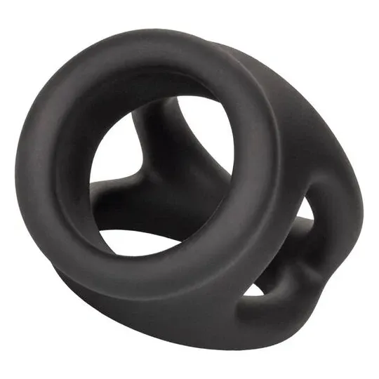Bague de pénis double cage en silicone liquide noir de CalExotics, anneau érecteur et cage pour stimulation.