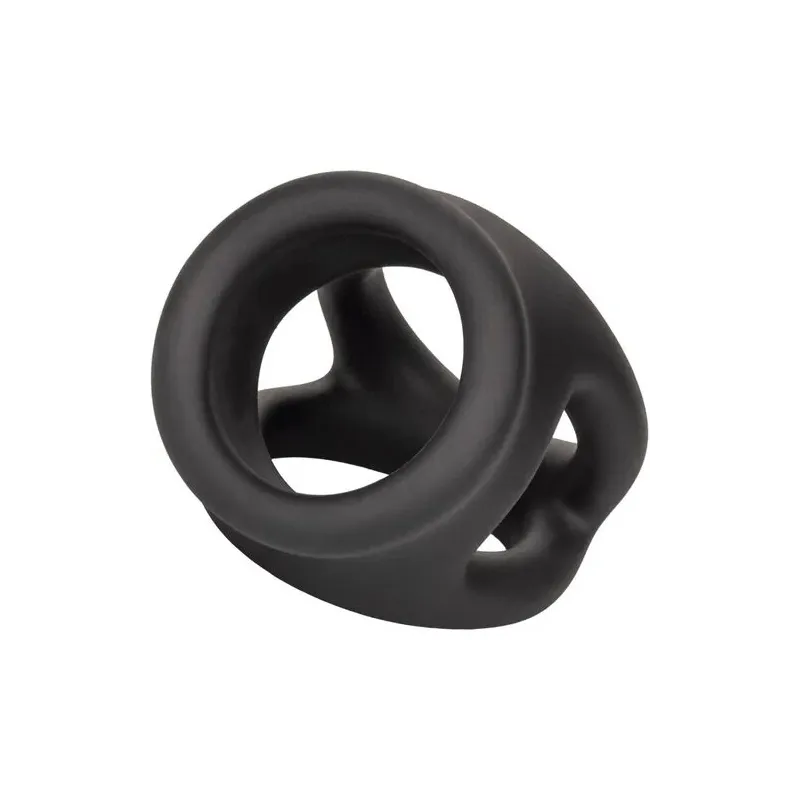 Bague de pénis double cage en silicone liquide noir de CalExotics, anneau érecteur et cage pour stimulation.