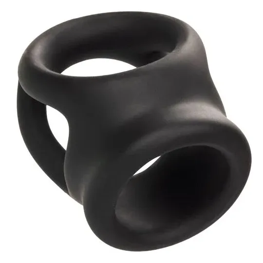 Bague de pénis double cage en silicone liquide noir de CalExotics, anneau érecteur et cage pour stimulation.