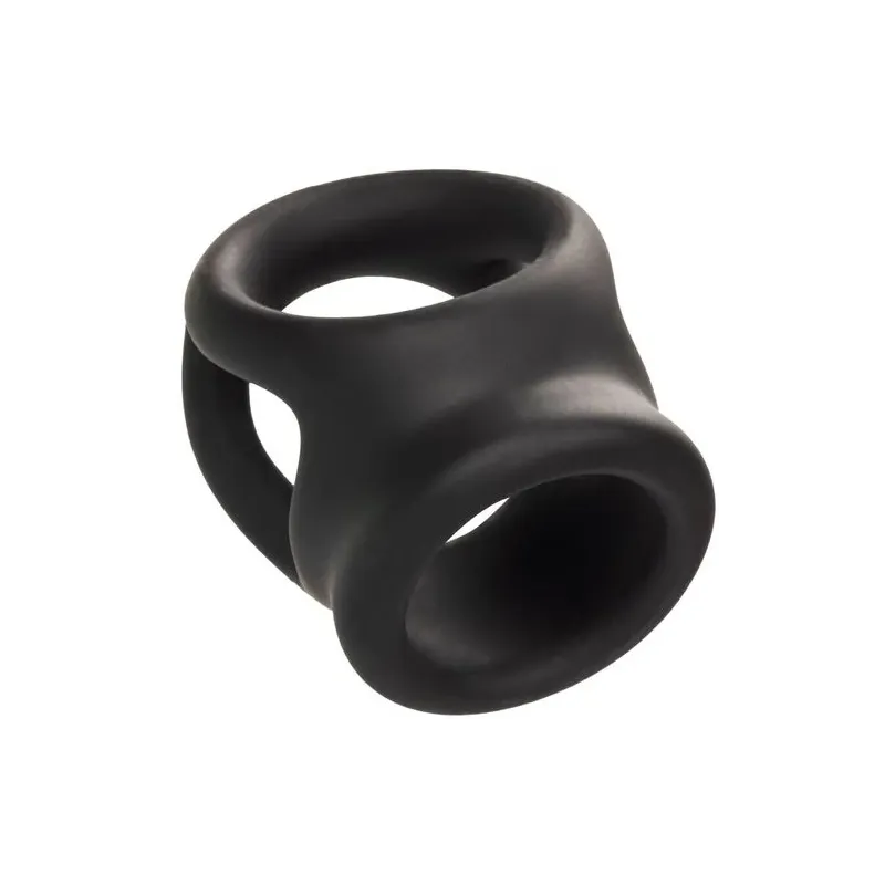 Bague de pénis double cage en silicone liquide noir de CalExotics, anneau érecteur et cage pour stimulation.