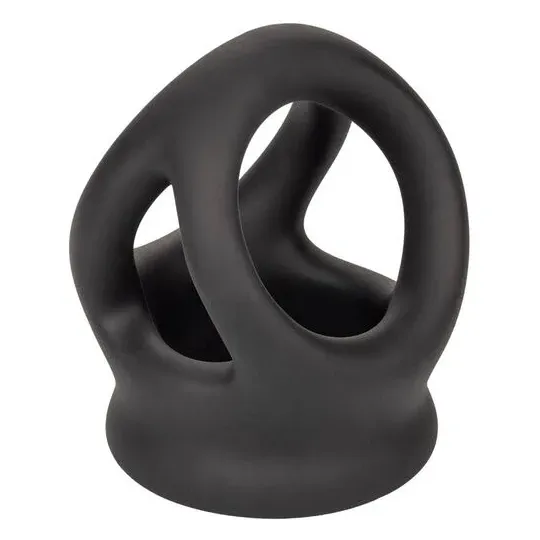 Bague de pénis double cage en silicone liquide noir de CalExotics, anneau érecteur et cage pour stimulation.