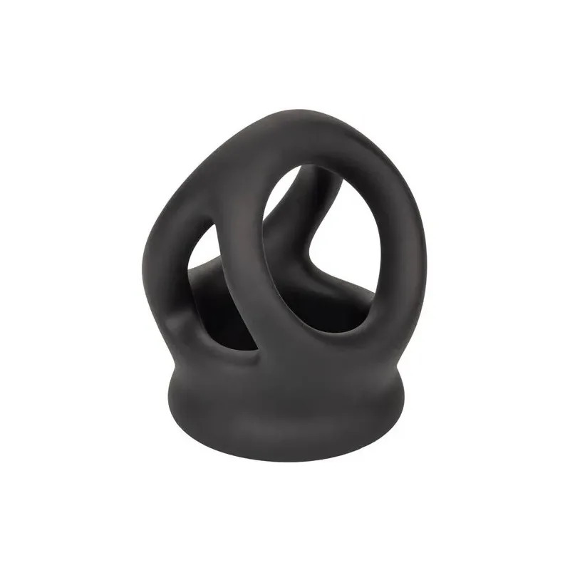 Bague de pénis double cage en silicone liquide noir de CalExotics, anneau érecteur et cage pour stimulation.