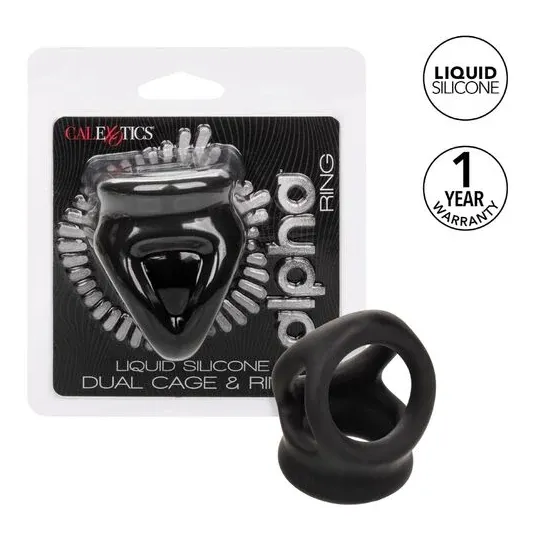 Bague de pénis double cage en silicone liquide noir de CalExotics, anneau érecteur et cage pour stimulation.