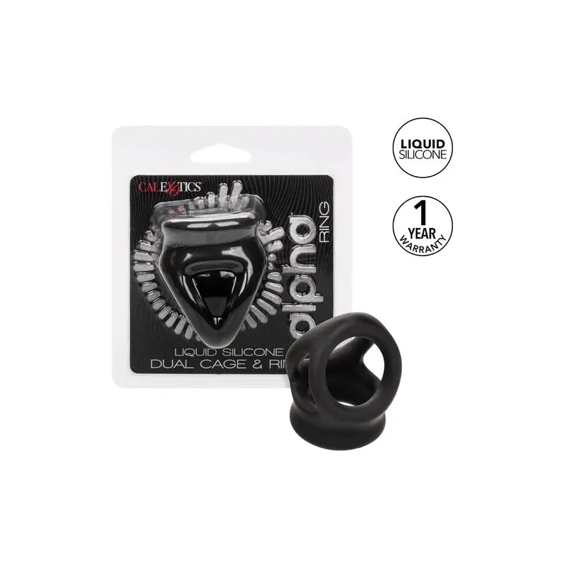 Bague de pénis double cage en silicone liquide noir de CalExotics, anneau érecteur et cage pour stimulation.