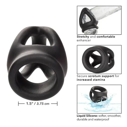 Bague de pénis double cage en silicone liquide noir de CalExotics, anneau érecteur et cage pour stimulation.