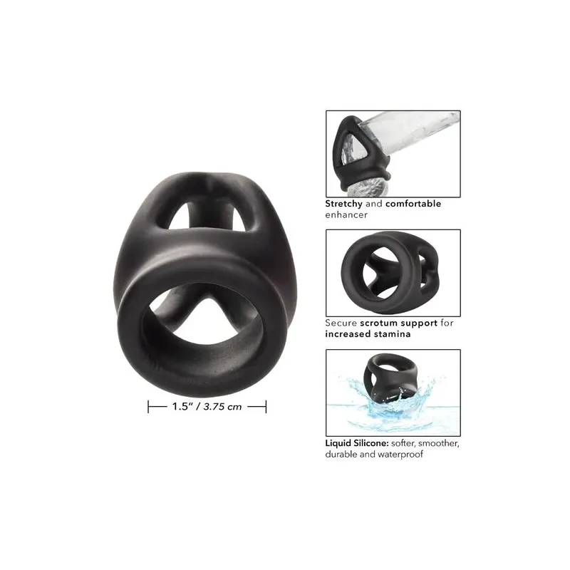 Bague de pénis double cage en silicone liquide noir de CalExotics, anneau érecteur et cage pour stimulation.