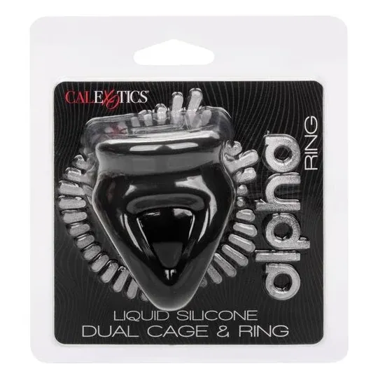 Bague de pénis double cage en silicone liquide noir de CalExotics, anneau érecteur et cage pour stimulation.