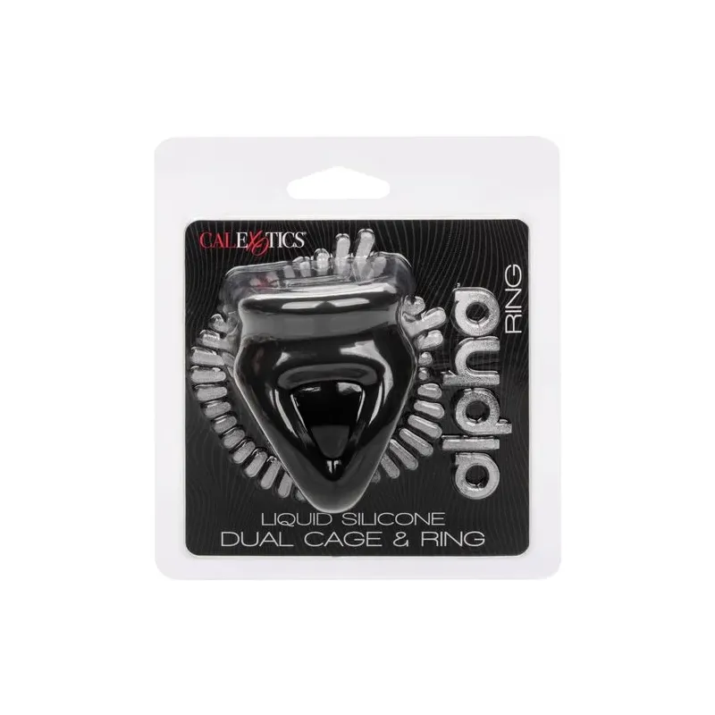 Bague de pénis double cage en silicone liquide noir de CalExotics, anneau érecteur et cage pour stimulation.