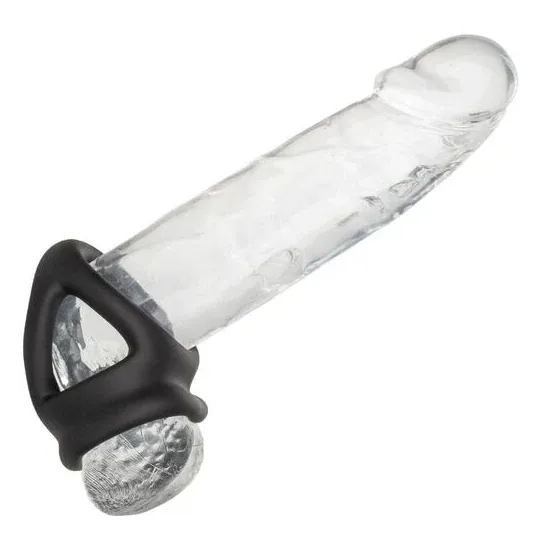 Bague de pénis double cage en silicone liquide noir de CalExotics, anneau érecteur et cage pour stimulation.