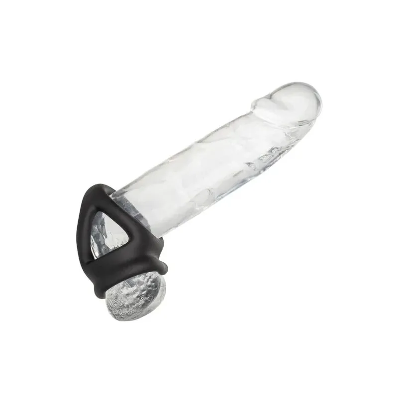 Bague de pénis double cage en silicone liquide noir de CalExotics, anneau érecteur et cage pour stimulation.