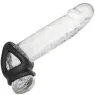Bague de pénis double cage en silicone liquide noir de CalExotics, anneau érecteur et cage pour stimulation.