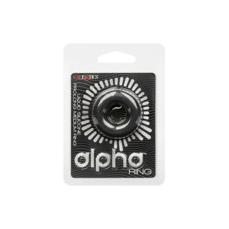 Anneau prolongateur en silicone noir CALEXOTICS Alpha, extensible et sans couture pour érection durable.