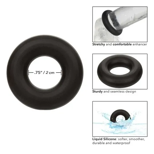 Anneau prolongateur en silicone noir CALEXOTICS Alpha, extensible et sans couture pour érection durable.