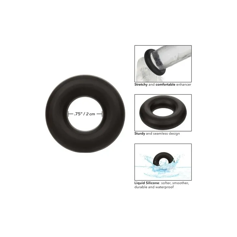 Anneau prolongateur en silicone noir CALEXOTICS Alpha, extensible et sans couture pour érection durable.