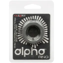 Anneau pénien CalExotics Alpha Prismatique Prolong en silicone gris, extensible et imperméable, pour érection prolongée.