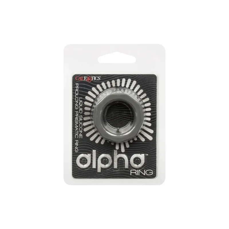 Anneau pénien CalExotics Alpha Prismatique Prolong en silicone gris, extensible et imperméable, pour érection prolongée.