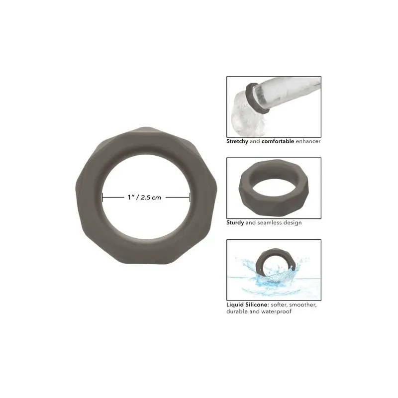 Anillo para pene CalExotics Alpha Prismatique Prolong de silicona gris, elástico e impermeable, para erecciones prolongadas.