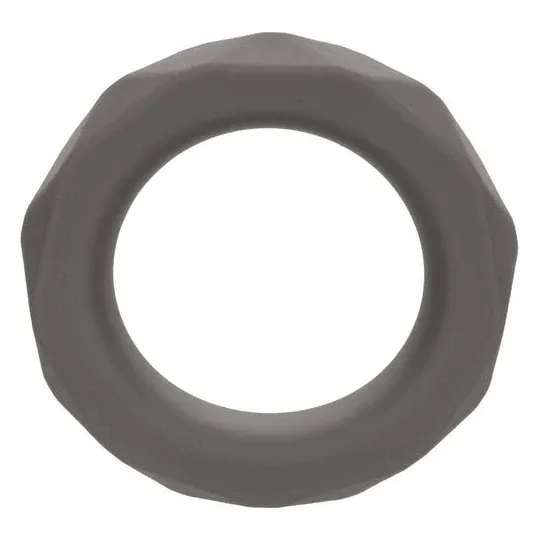Penisring CalExotics Alpha Prismatique Prolong aus grauem Silikon, dehnbar und wasserdicht, für längere Erektion.