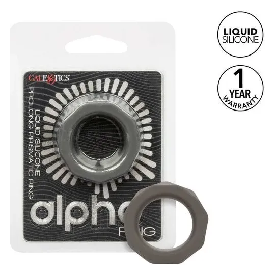 Anillo para pene CalExotics Alpha Prismatique Prolong de silicona gris, elástico e impermeable, para erecciones prolongadas.