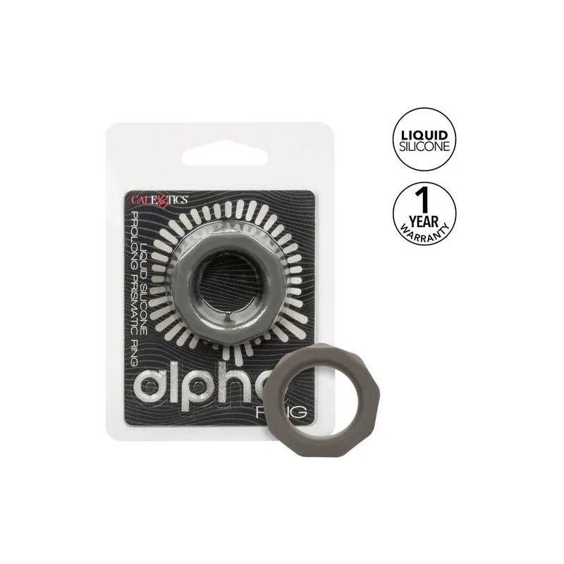 Anneau pénien CalExotics Alpha Prismatique Prolong en silicone gris, extensible et imperméable, pour érection prolongée.