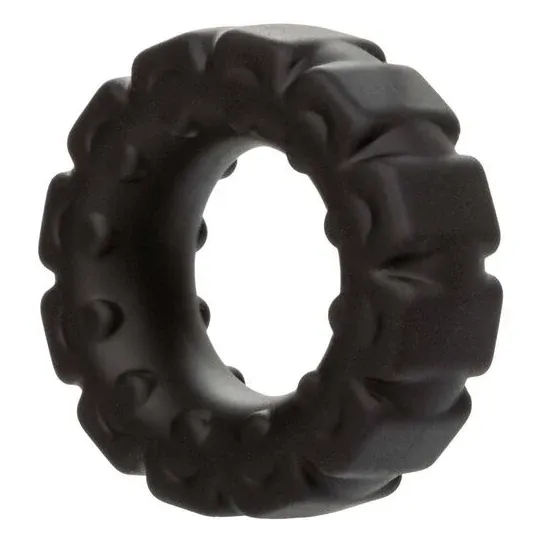 Anneau prolongateur Alpha en silicone liquide noir de CalExotics, conçu pour une érection plus ferme et durable.