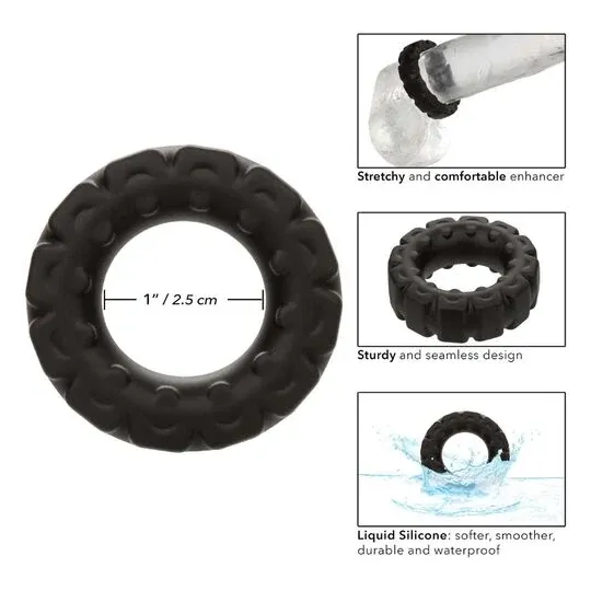 Alpha prolong ring in black liquid silicone by CalExotics, designed for firmer and longer-lasting erections.
