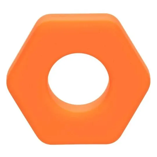 Orange silicone cock ring from CalExotics, Sexagon shape, front view on white background