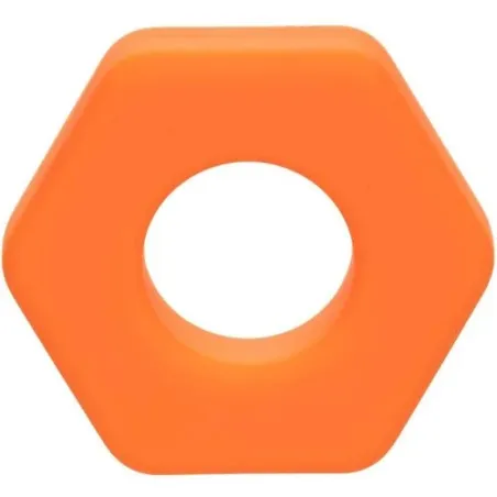 Orangener Silikon-Penisring von CalExotics, Sexagon-Form, Vorderansicht auf weißem Hintergrund